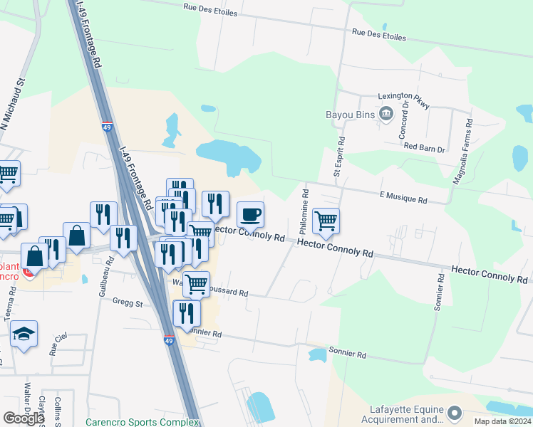map of restaurants, bars, coffee shops, grocery stores, and more near 300 Coffin Road in Carencro