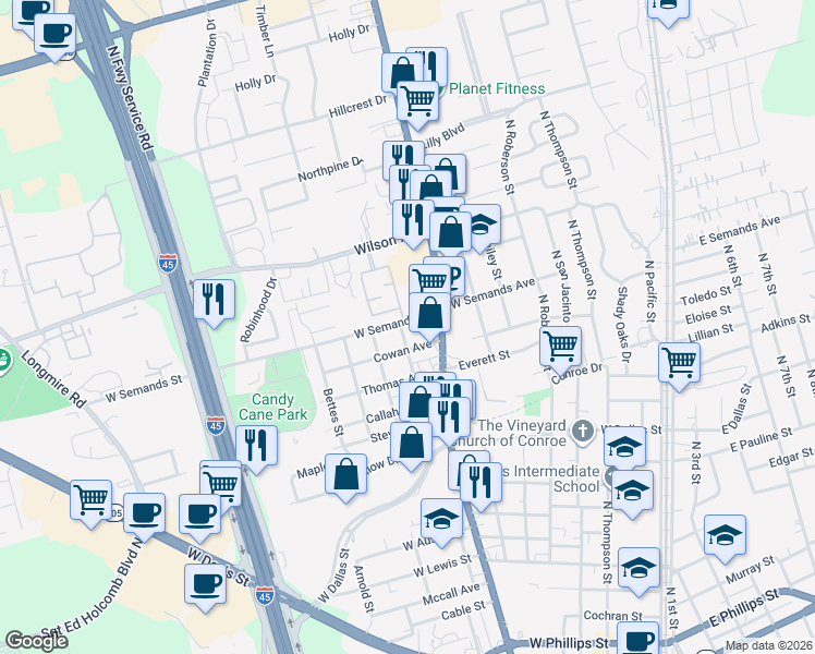 map of restaurants, bars, coffee shops, grocery stores, and more near 811 West Semands Avenue in Conroe