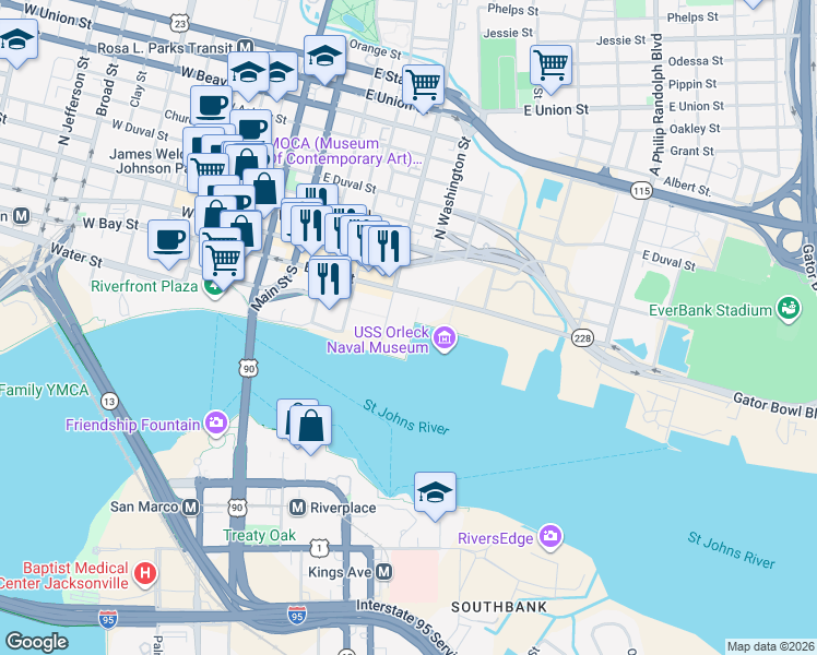 map of restaurants, bars, coffee shops, grocery stores, and more near 100 South Liberty Street in Jacksonville