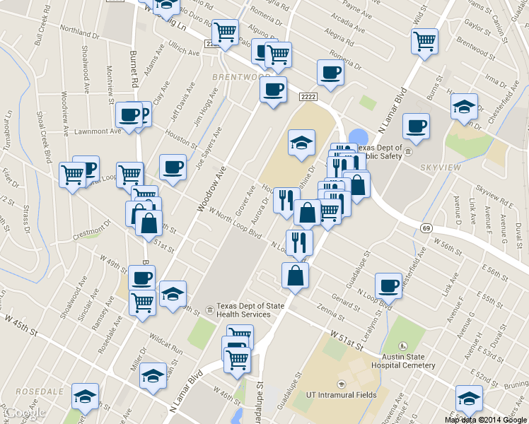 map of restaurants, bars, coffee shops, grocery stores, and more near 5316 Aurora Drive in Austin