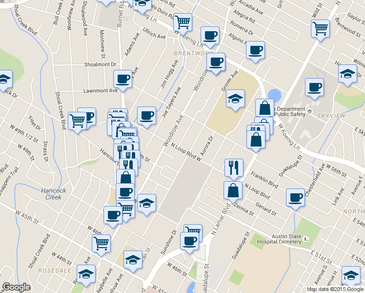map of restaurants, bars, coffee shops, grocery stores, and more near 5306 Grover Avenue in Austin