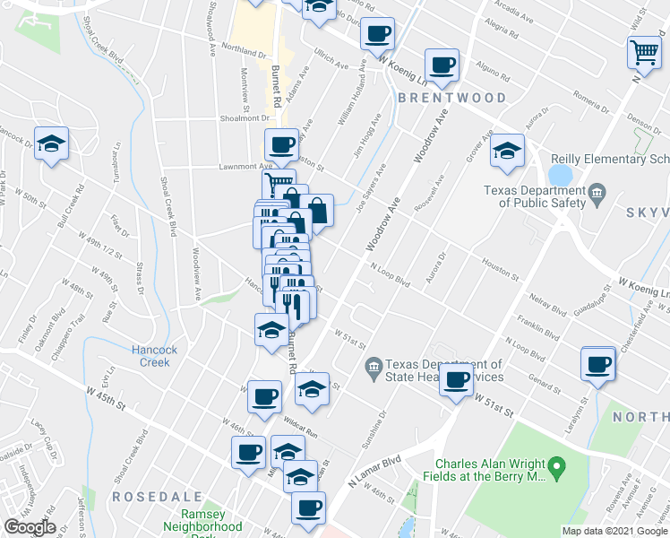 map of restaurants, bars, coffee shops, grocery stores, and more near 5215B Joe Sayers Avenue in Austin