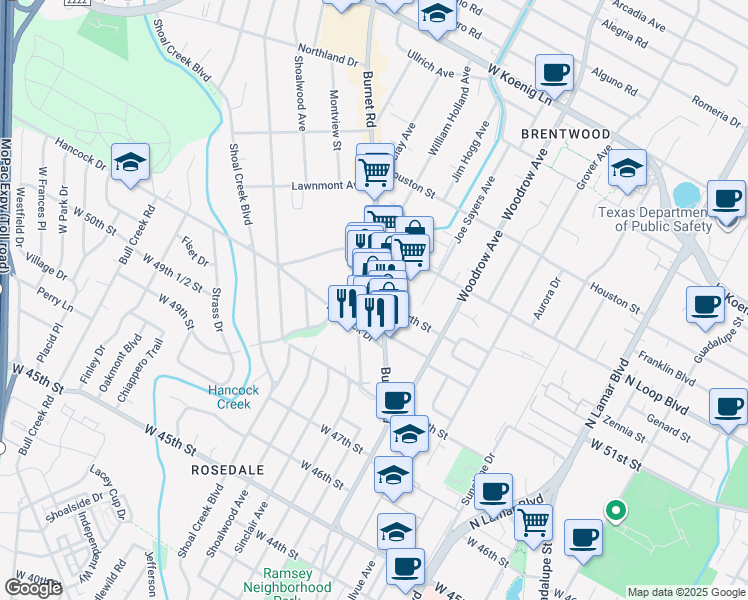 map of restaurants, bars, coffee shops, grocery stores, and more near 5222 Burnet Road in Austin