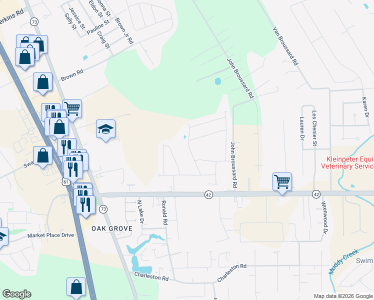 map of restaurants, bars, coffee shops, grocery stores, and more near 38158 Louisiana 42 in Prairieville