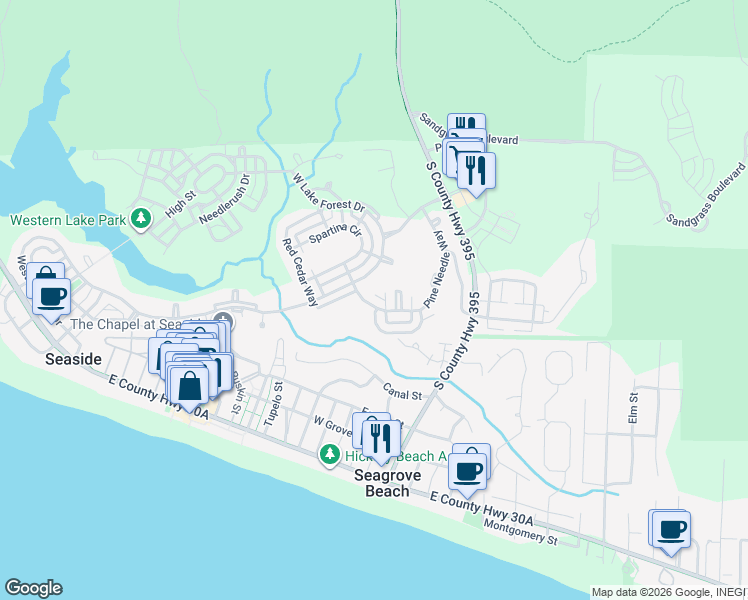 map of restaurants, bars, coffee shops, grocery stores, and more near 432 Pine Needle Way in Santa Rosa Beach