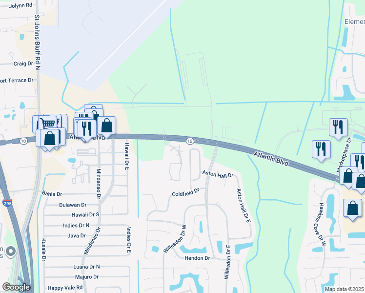 map of restaurants, bars, coffee shops, grocery stores, and more near 11110 Atlantic Boulevard in Jacksonville
