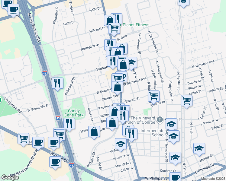 map of restaurants, bars, coffee shops, grocery stores, and more near 811 West Semands Avenue in Conroe