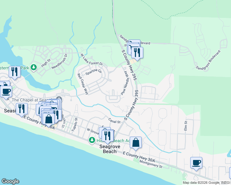 map of restaurants, bars, coffee shops, grocery stores, and more near 40 Tall Timber Court in Santa Rosa Beach