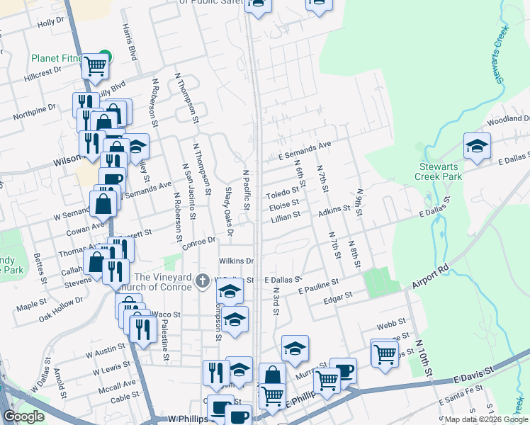 map of restaurants, bars, coffee shops, grocery stores, and more near 132 Eloise Street in Conroe
