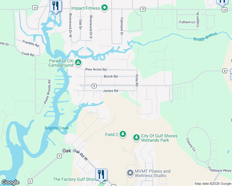 map of restaurants, bars, coffee shops, grocery stores, and more near 19080 James Road in Gulf Shores