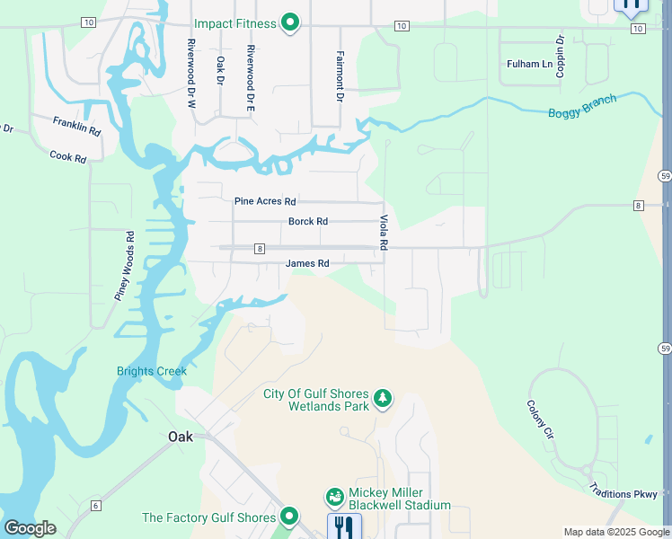 map of restaurants, bars, coffee shops, grocery stores, and more near 19080-19160 James Road in Gulf Shores