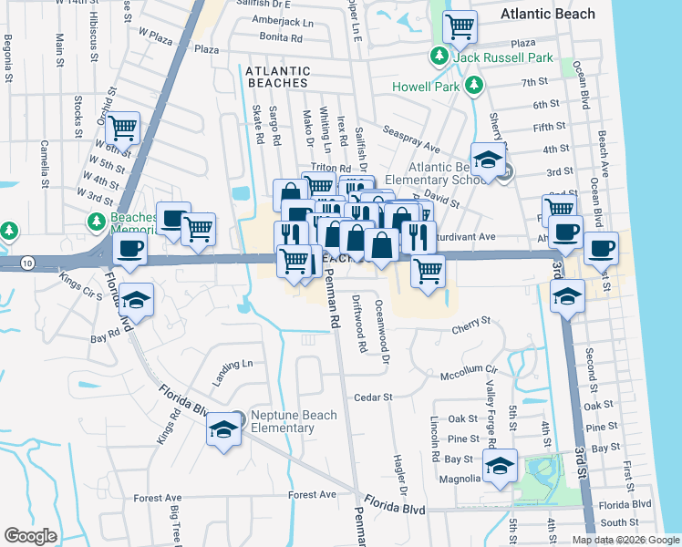 map of restaurants, bars, coffee shops, grocery stores, and more near 1117 Atlantic Boulevard in Neptune Beach