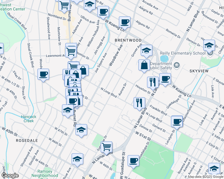 map of restaurants, bars, coffee shops, grocery stores, and more near 5306 Grover Avenue in Austin