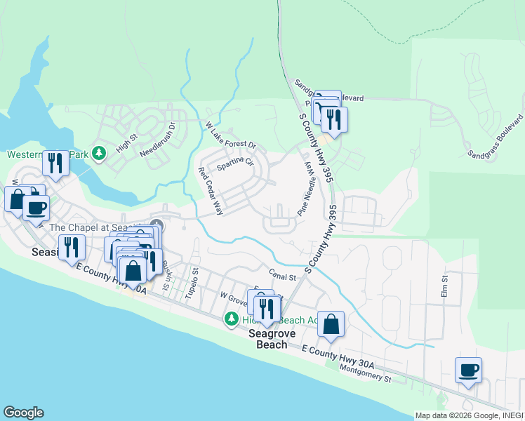 map of restaurants, bars, coffee shops, grocery stores, and more near 432 Pine Needle Way in Santa Rosa Beach