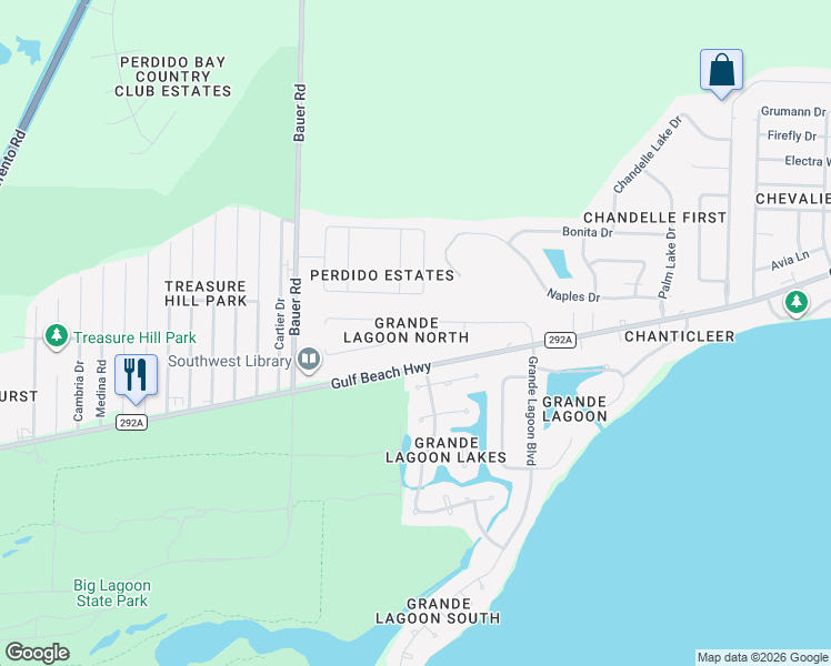 map of restaurants, bars, coffee shops, grocery stores, and more near 12081 Longwood Drive in Pensacola