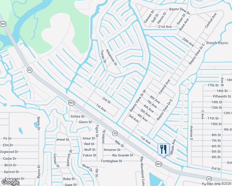map of restaurants, bars, coffee shops, grocery stores, and more near 10025 Alabama Street in Bay St. Louis