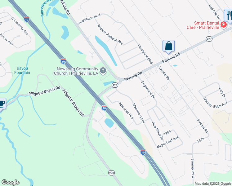 map of restaurants, bars, coffee shops, grocery stores, and more near 18347 Manchac Place Drive in Prairieville