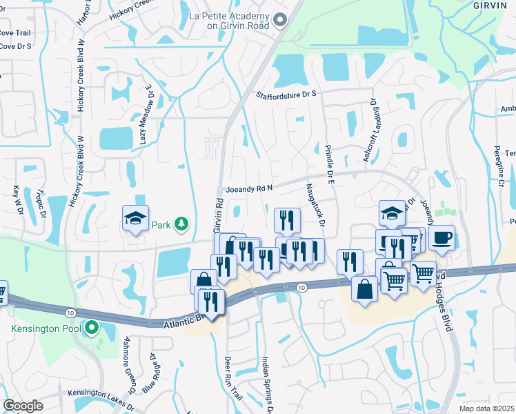 map of restaurants, bars, coffee shops, grocery stores, and more near 162 Nadia Michelle Court South in Jacksonville