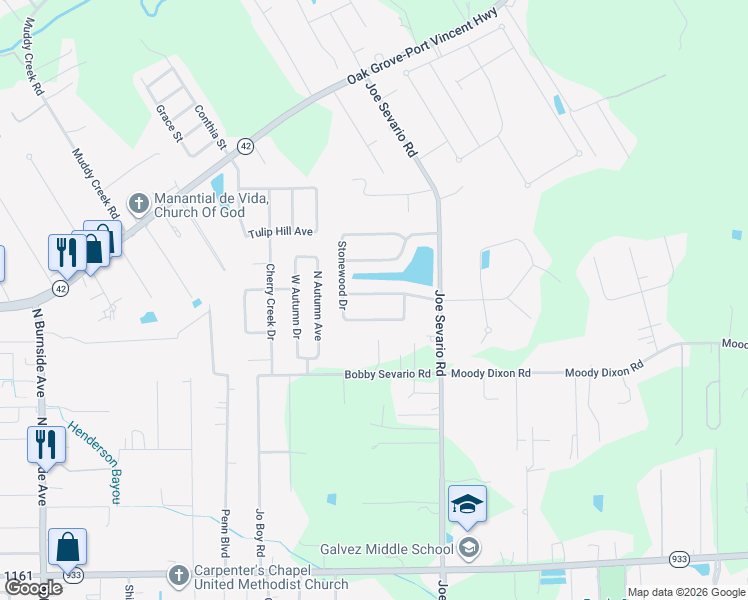 map of restaurants, bars, coffee shops, grocery stores, and more near 41455 Creekstone Avenue in Prairieville
