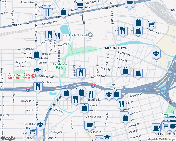 map of restaurants, bars, coffee shops, grocery stores, and more near 416 Smith Street in Jacksonville