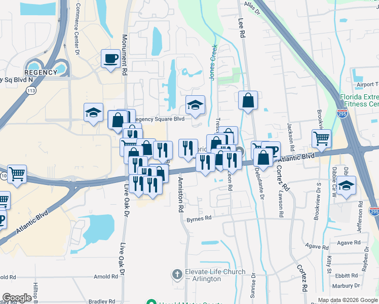 map of restaurants, bars, coffee shops, grocery stores, and more near 9951 Atlantic Boulevard in Jacksonville