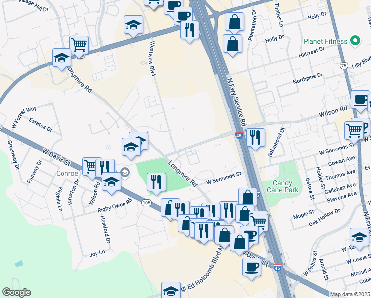map of restaurants, bars, coffee shops, grocery stores, and more near 1585 Wilson Road in Conroe