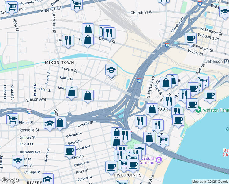 map of restaurants, bars, coffee shops, grocery stores, and more near 2020 Forest Street in Jacksonville