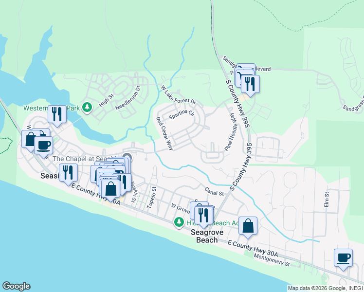 map of restaurants, bars, coffee shops, grocery stores, and more near 1296 Western Lake Drive in Santa Rosa Beach