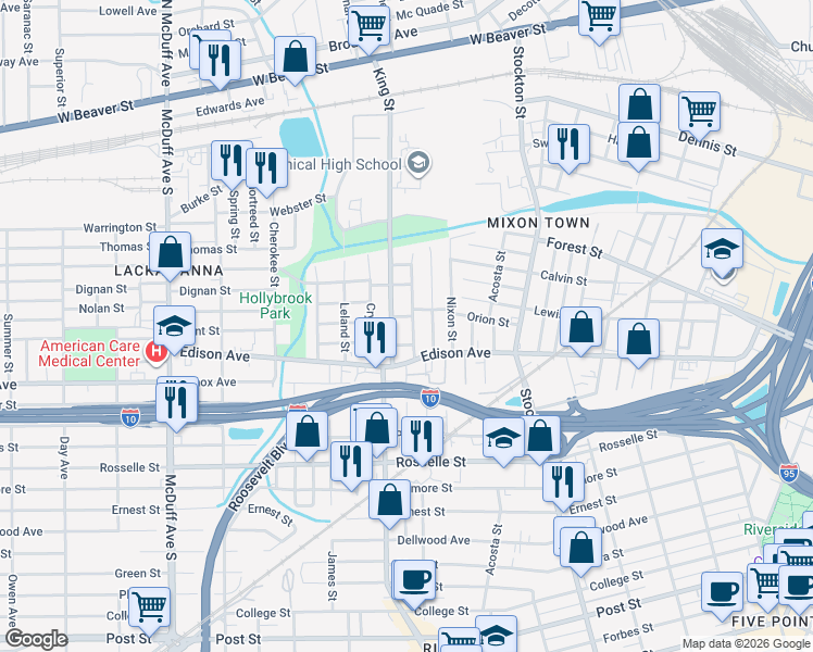 map of restaurants, bars, coffee shops, grocery stores, and more near 416 Smith Street in Jacksonville