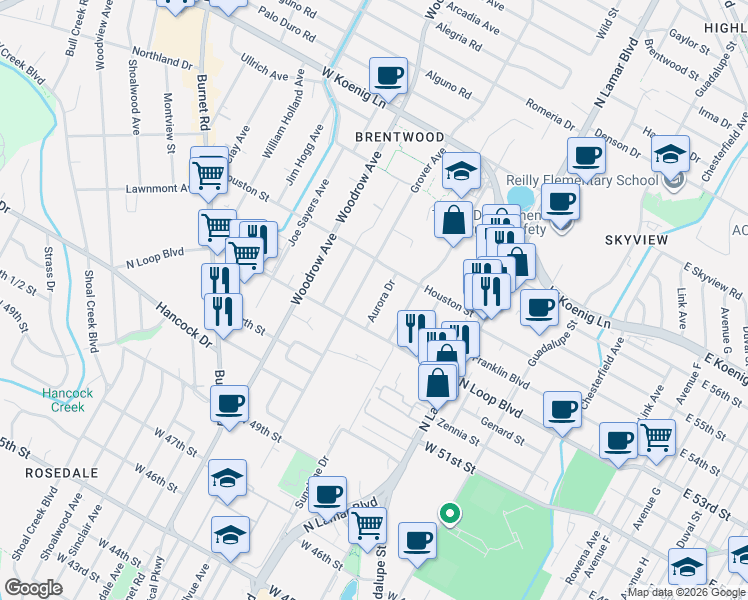 map of restaurants, bars, coffee shops, grocery stores, and more near 5316 Aurora Drive in Austin