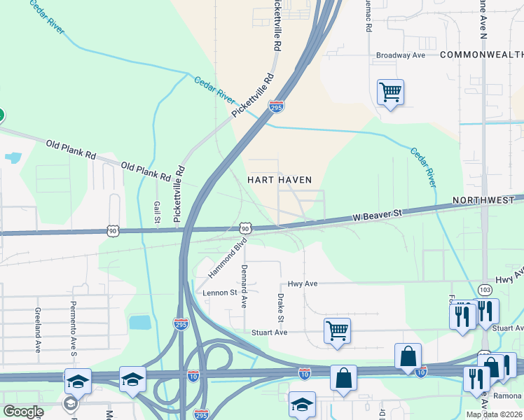 map of restaurants, bars, coffee shops, grocery stores, and more near 7143 West Beaver Street in Jacksonville