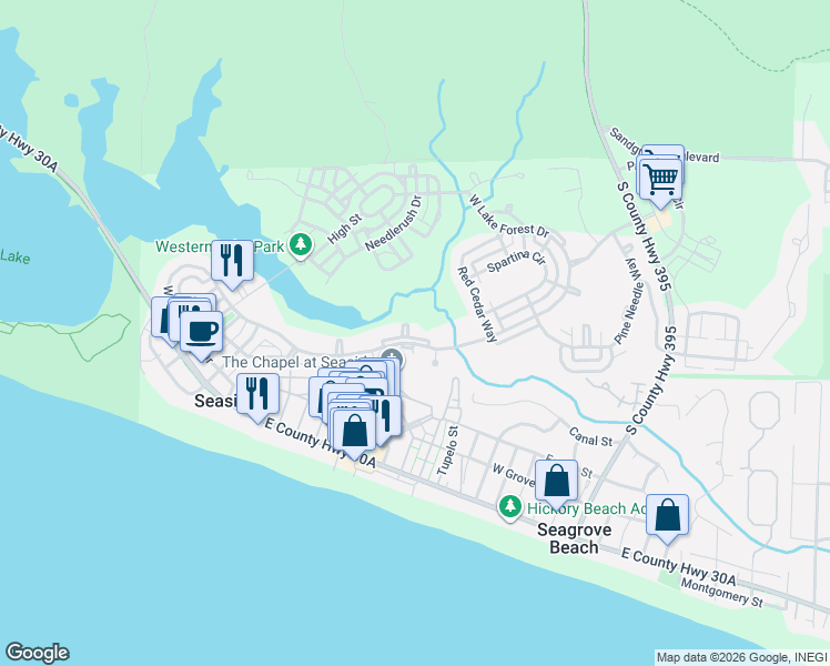 map of restaurants, bars, coffee shops, grocery stores, and more near 109 Dandelion Drive in Santa Rosa Beach