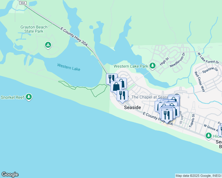 map of restaurants, bars, coffee shops, grocery stores, and more near 31 Park Row Lane in Santa Rosa Beach