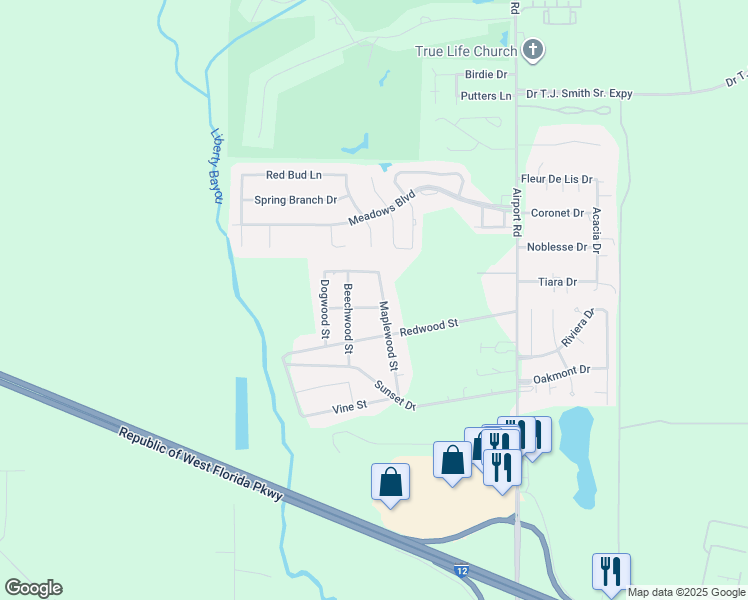 map of restaurants, bars, coffee shops, grocery stores, and more near 202 Elmwood Street in Slidell