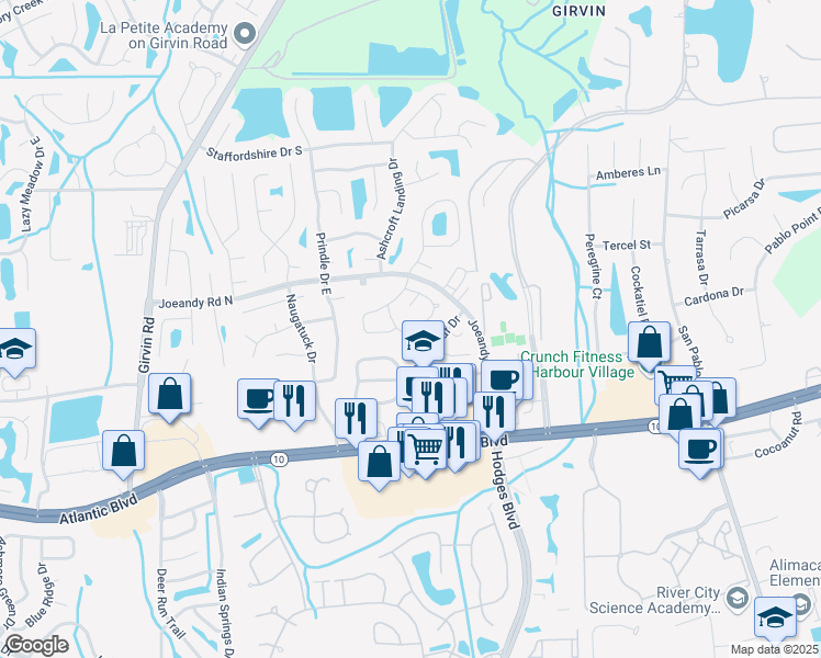 map of restaurants, bars, coffee shops, grocery stores, and more near 257 Quebec Lane in Jacksonville