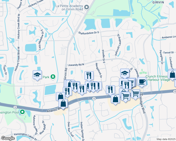 map of restaurants, bars, coffee shops, grocery stores, and more near 214 Medford Pl in Jacksonville
