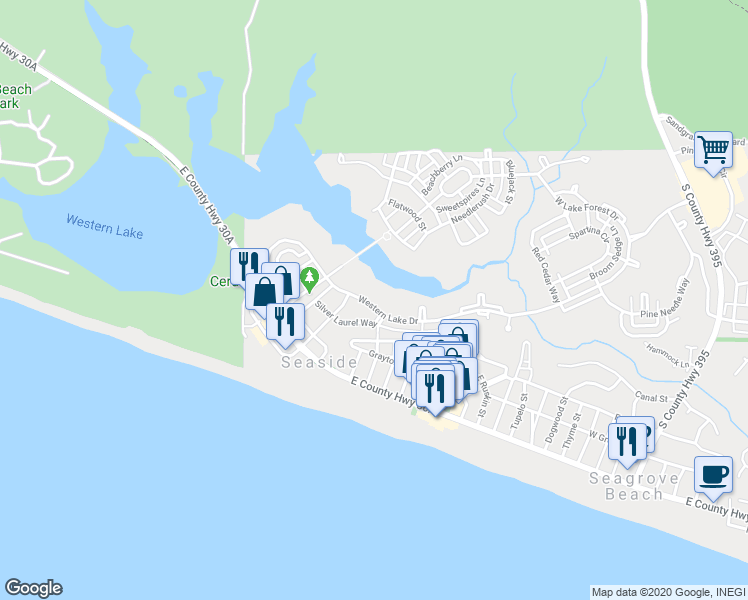 map of restaurants, bars, coffee shops, grocery stores, and more near 675 Western Lake Drive in Santa Rosa Beach