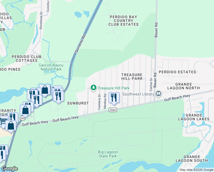 map of restaurants, bars, coffee shops, grocery stores, and more near 5238 Medina Road in Pensacola