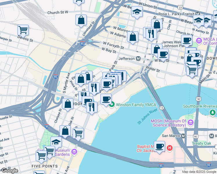 map of restaurants, bars, coffee shops, grocery stores, and more near 724 Stonewall St in Jacksonville