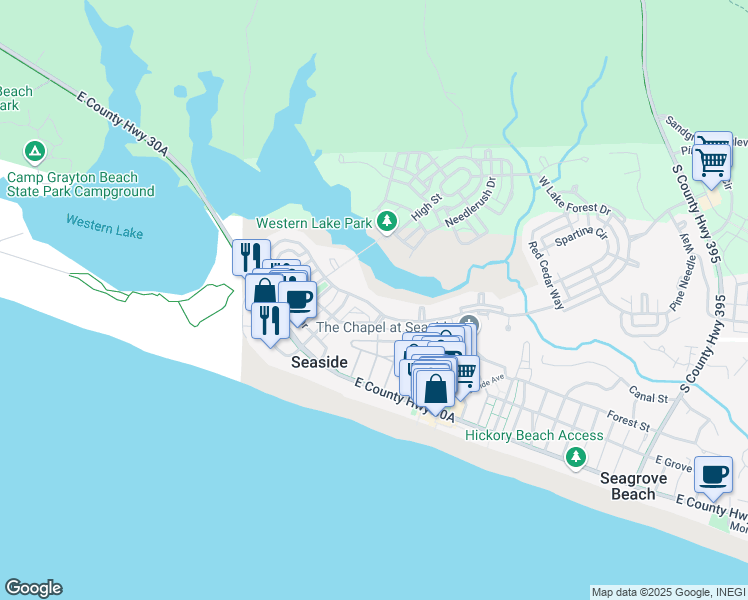 map of restaurants, bars, coffee shops, grocery stores, and more near 675 Western Lake Drive in Santa Rosa Beach