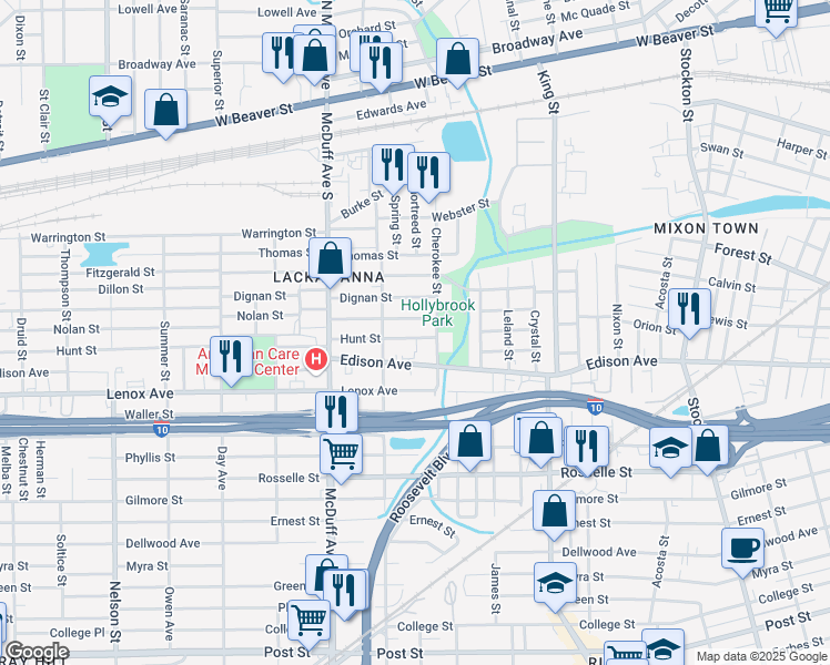 map of restaurants, bars, coffee shops, grocery stores, and more near 2901 Hunt Street in Jacksonville