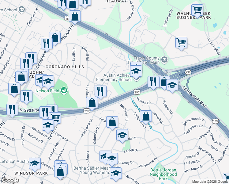 map of restaurants, bars, coffee shops, grocery stores, and more near 7216 East Highway 290 in Austin