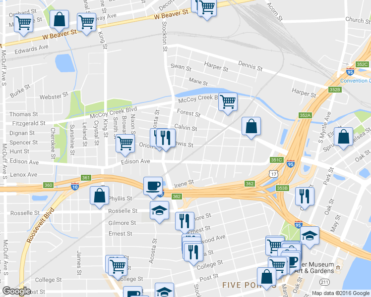 map of restaurants, bars, coffee shops, grocery stores, and more near 413 Woodlawn Avenue in Jacksonville