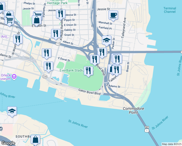 map of restaurants, bars, coffee shops, grocery stores, and more near 1 Everbank Field Dr in Jacksonville
