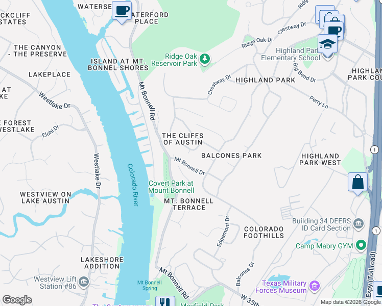 map of restaurants, bars, coffee shops, grocery stores, and more near 3409 Monte Vista Drive in Austin