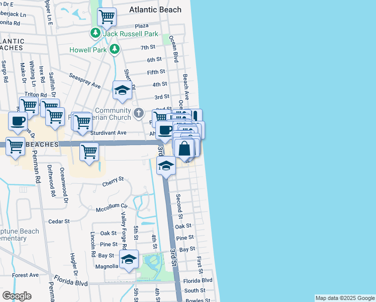 map of restaurants, bars, coffee shops, grocery stores, and more near 115 First Street in Neptune Beach