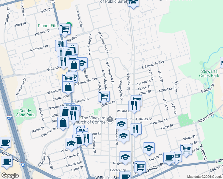 map of restaurants, bars, coffee shops, grocery stores, and more near 1525 North Thompson Street in Conroe