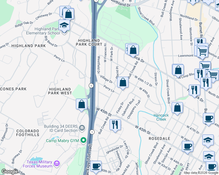 map of restaurants, bars, coffee shops, grocery stores, and more near 2904 Perry Lane in Austin