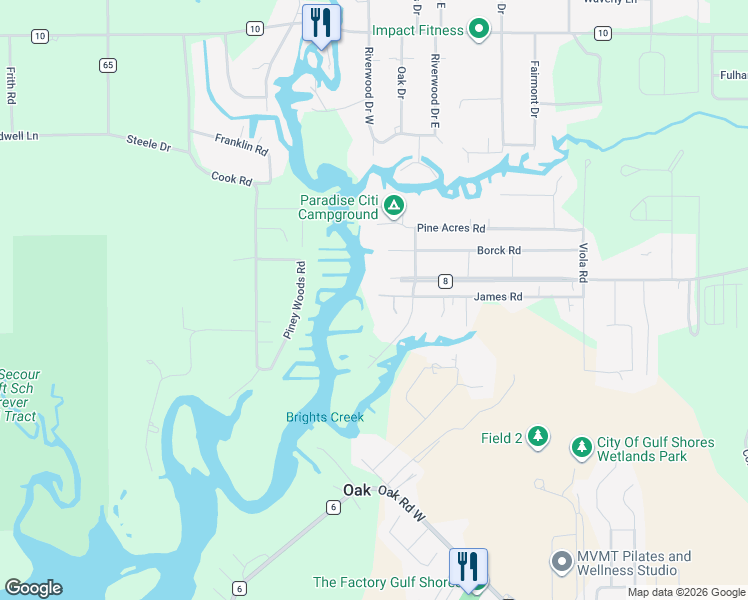 map of restaurants, bars, coffee shops, grocery stores, and more near 6817 Patterson Lane in Gulf Shores
