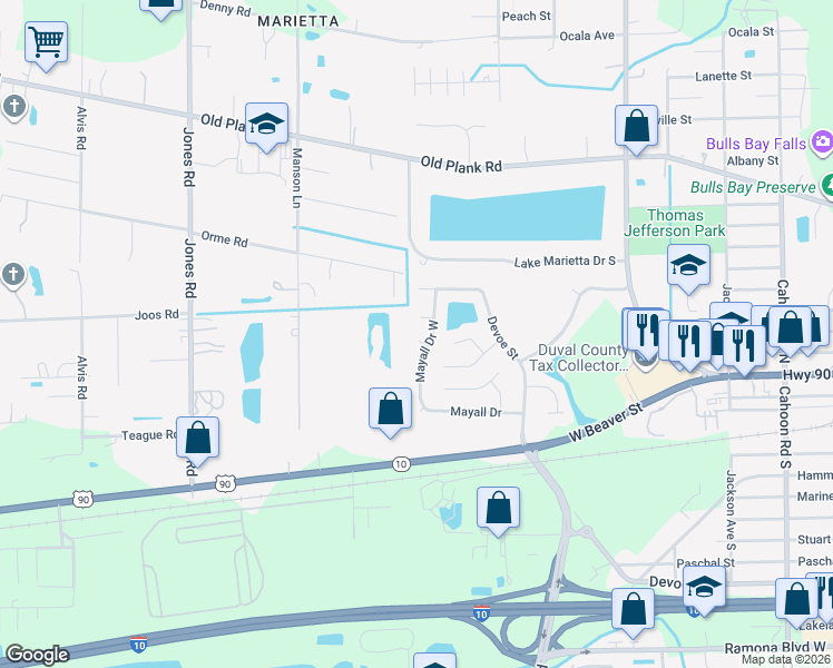 map of restaurants, bars, coffee shops, grocery stores, and more near 8661 Beck Ct in Jacksonville
